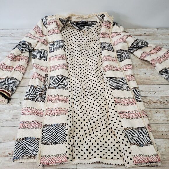 ZARA Tweed Multi‎ Color Open Front Tapestry Morrocan Beaded Long Jacket Size M - Picture 2 of 9